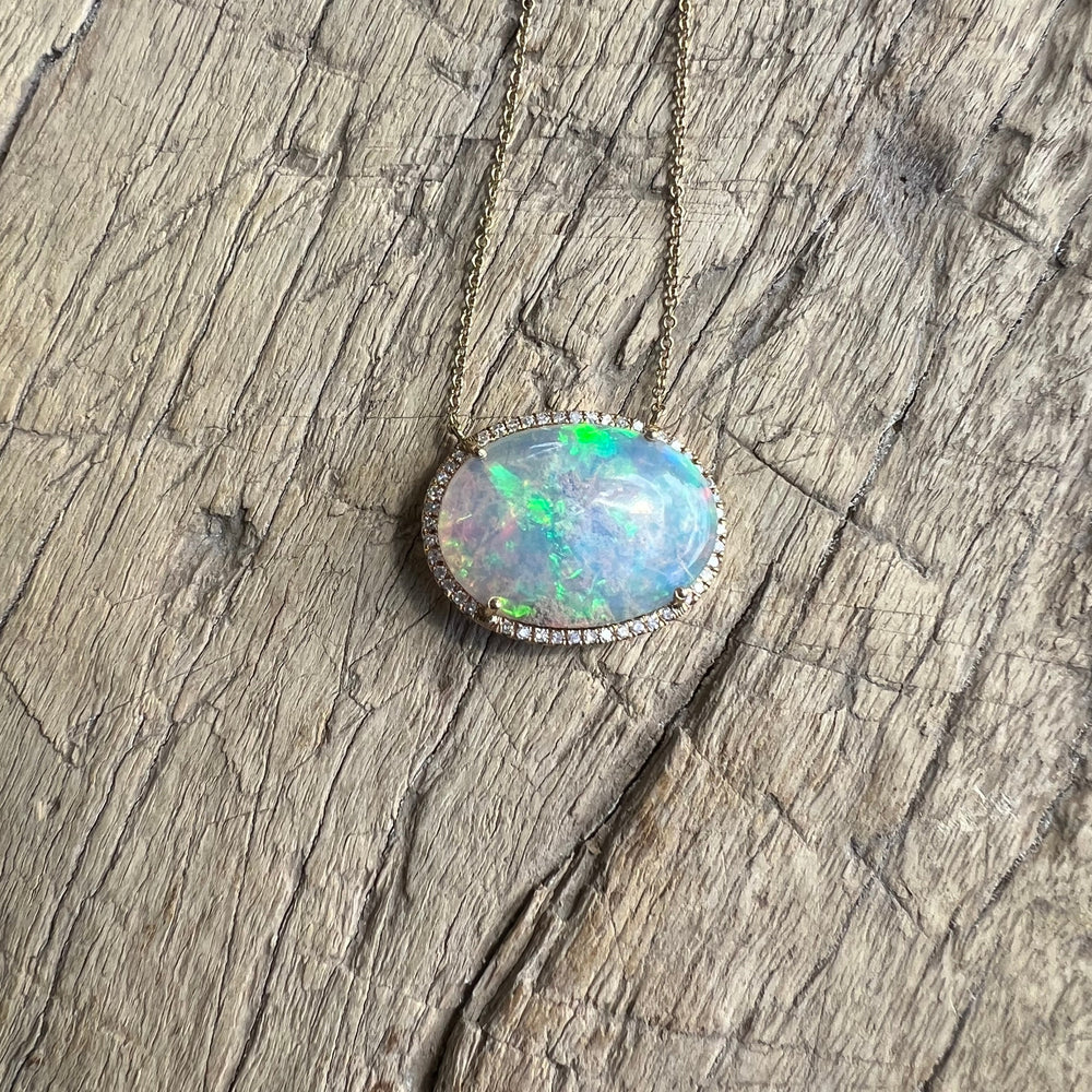 14K Gold + Diamond Australian Opal Necklace- Large