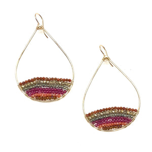 Gold Semi-Beaded Teardrop Earrings in Sunstone + Olive, Large