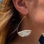 Gold Semi-Beaded Teardrop Earrings in White, Large