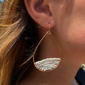 
            
                Load image into Gallery viewer, Gold Semi-Beaded Teardrop Earrings in White, Large
            
        