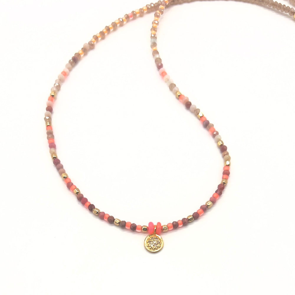 
            
                Load image into Gallery viewer, 18k Gold + Pave Diamond Disk Necklace in Pink Opal + Rubies
            
        