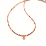 18k Gold + Pave Diamond Disk Necklace in Pink Opal + Rubies