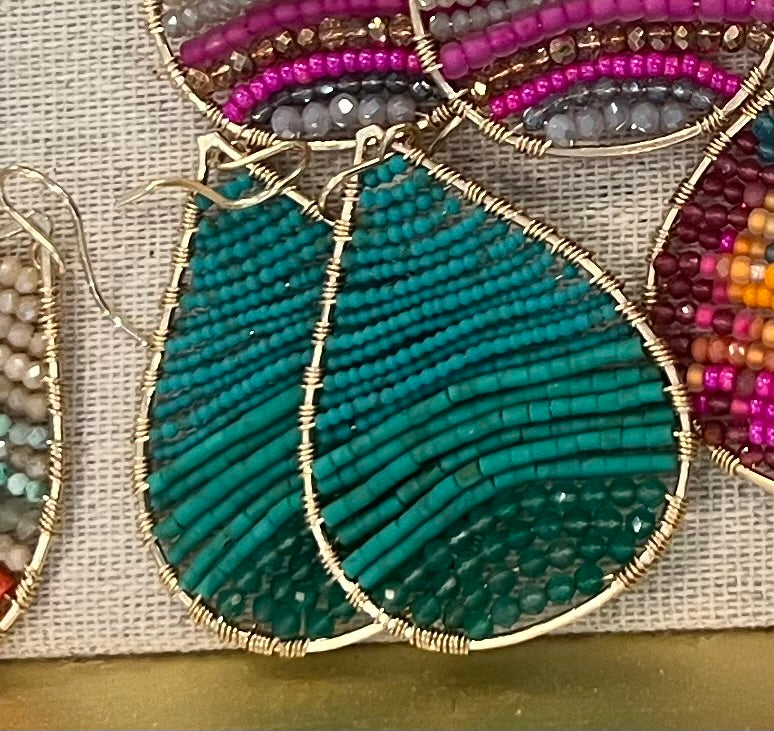 Gold Teardrop Earrings in Green Turquoise , Medium