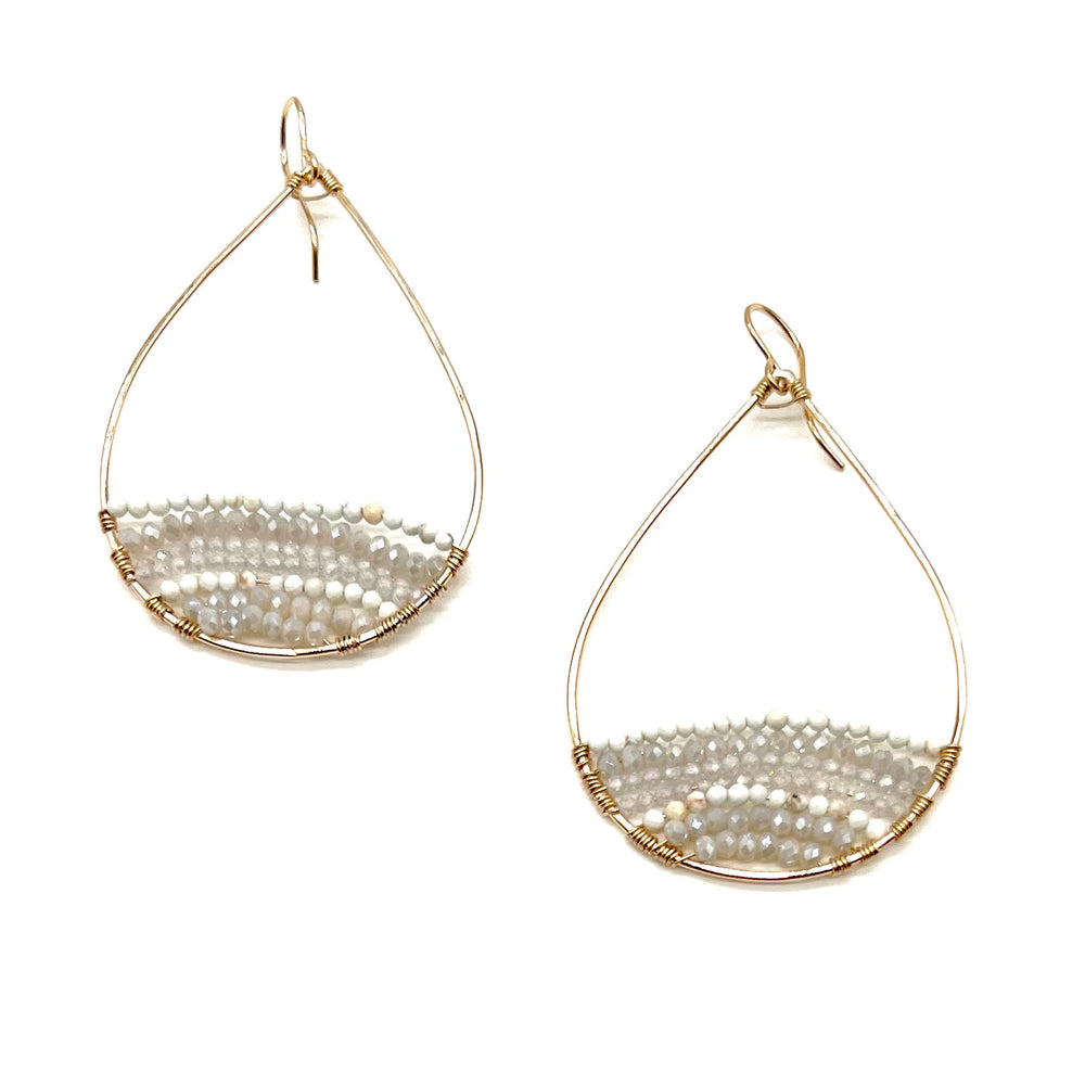 
            
                Load image into Gallery viewer, Gold Semi-Beaded Teardrop Earrings in White, Large
            
        