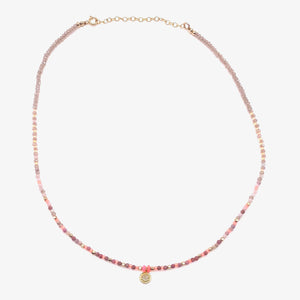 
            
                Load image into Gallery viewer, 18k Gold + Pave Diamond Disk Necklace in Pink Opal + Rubies
            
        