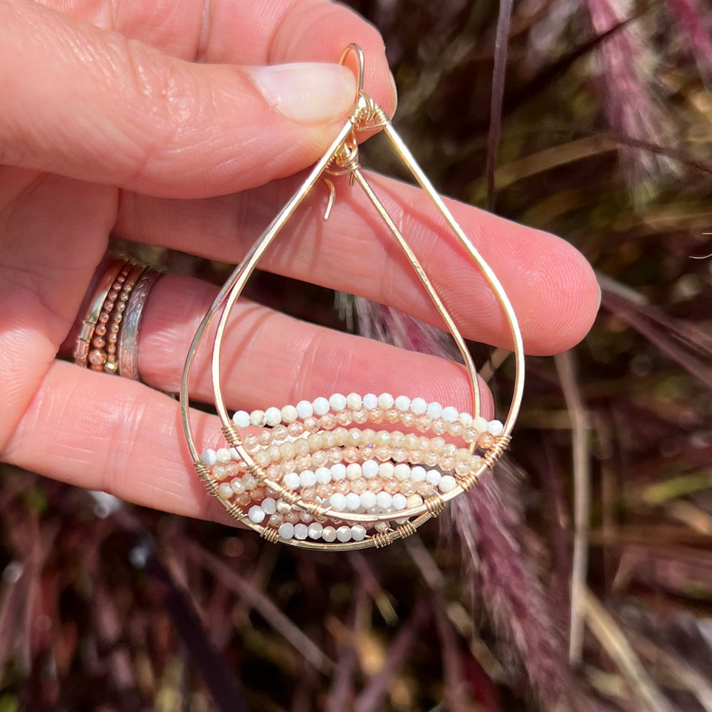 Gold Semi-Beaded Teardrop Earrings in Golden, Large