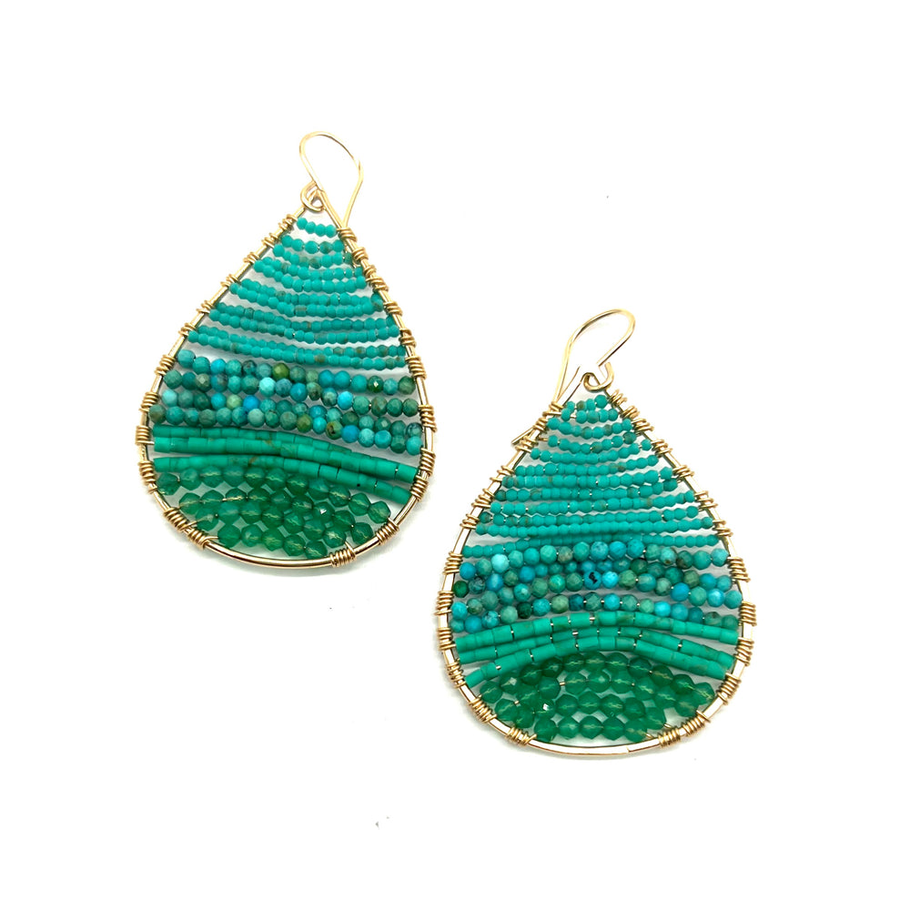 Gold Teardrop Earrings in Green Turquoise , Medium