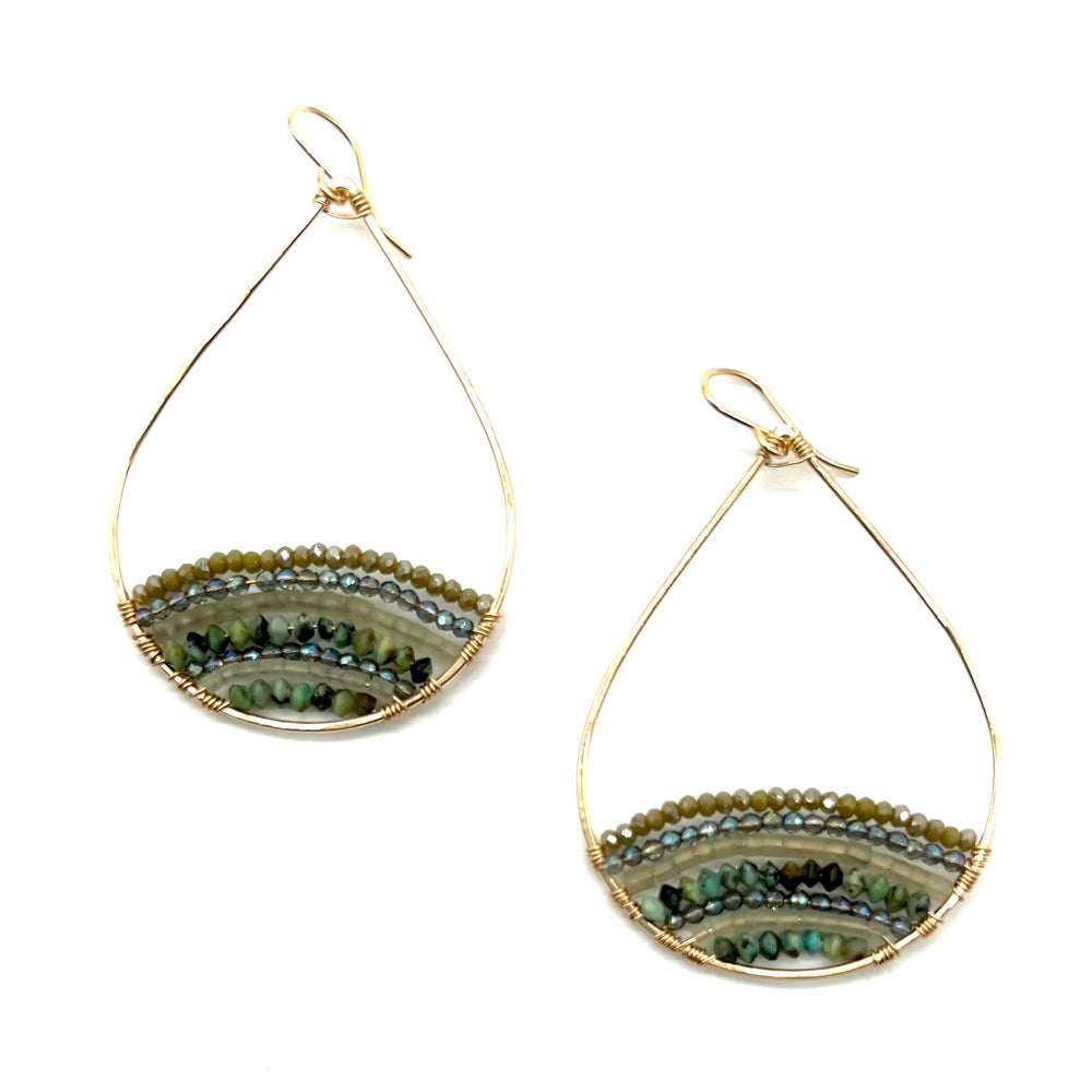 
            
                Load image into Gallery viewer, Gold Semi-Beaded Teardrop Earrings in Olive, Large
            
        