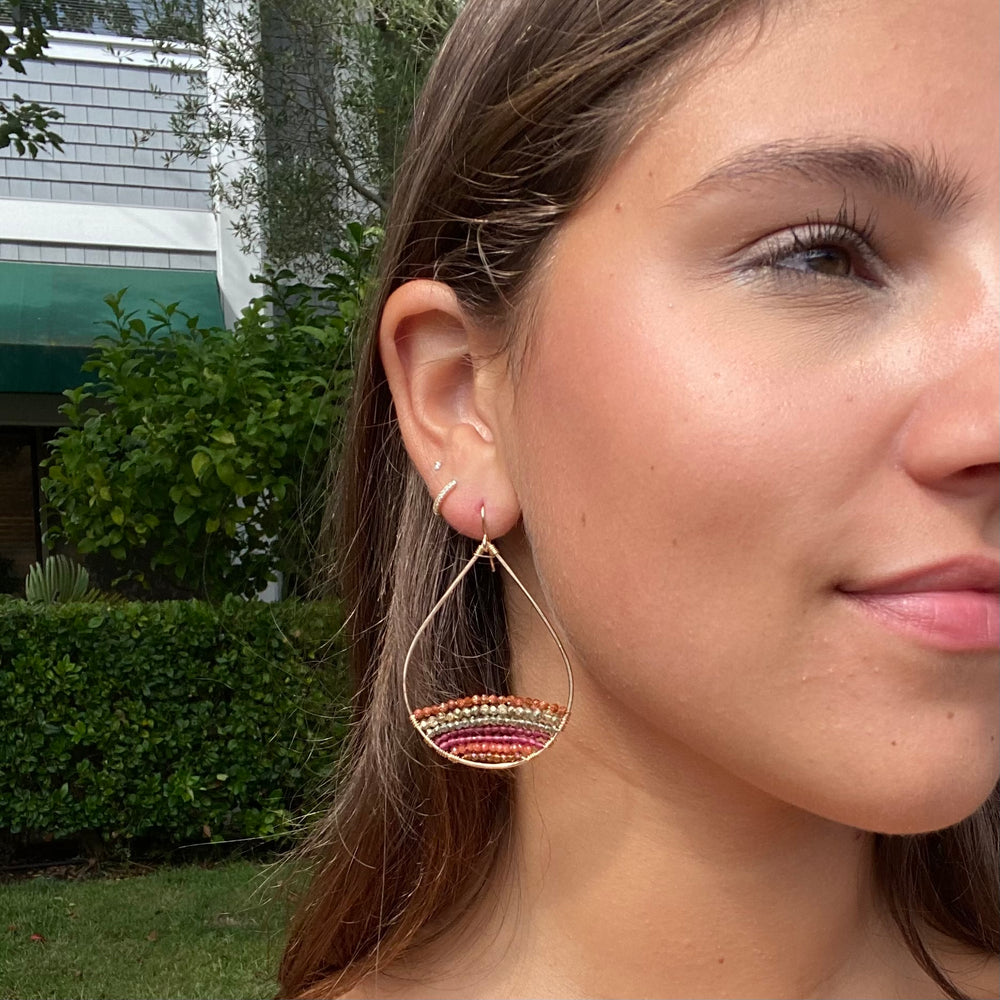 Gold Semi-Beaded Teardrop Earrings in Sunstone + Olive, Large