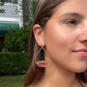 Gold Semi-Beaded Teardrop Earrings in Sunstone + Olive, Large